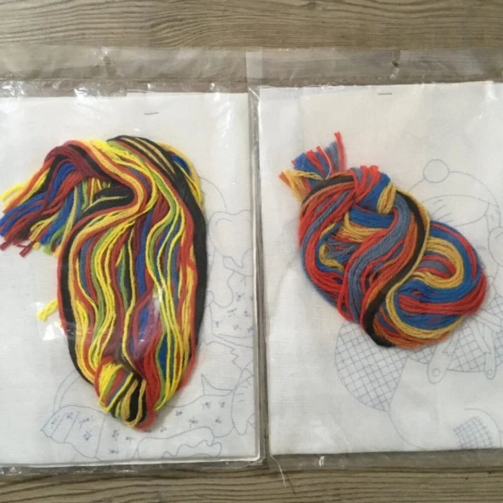 NEW 1975 Set Of 2 Dutex AFC Broderie Crewel Yarn Embroidery Kits Boy Girl USA